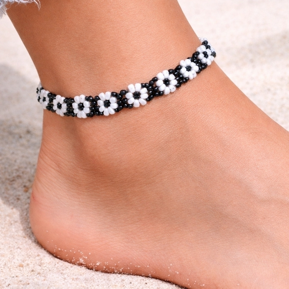 3/$30 HANDMADE Fairycore Monochrome Daisy Chain Beaded Coquette Anklet